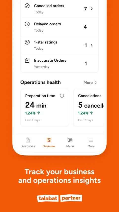 Talabat Partner app screen: order history